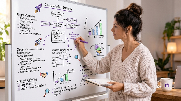 A woman mid-action at a whiteboard, focused and calm, clearly doing the thing, not planning it