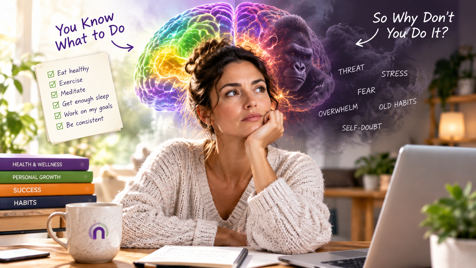 Woman at her desk looking thoughtful, with a checklist of healthy goals on one side and a stormy cloud labeled fear, stress, self-doubt and old habits on the other, showing the gap between knowing what to do and doing it