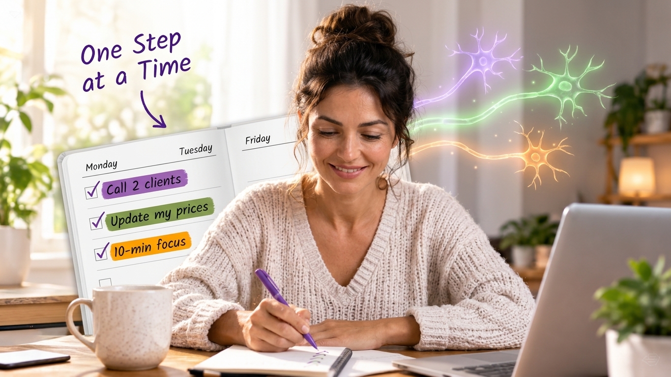 Smiling woman at her desk checking off three highlighted tasks in a weekly planner, with glowing neural pathways above her, illustrating how small, planned actions turn advice into follow-through