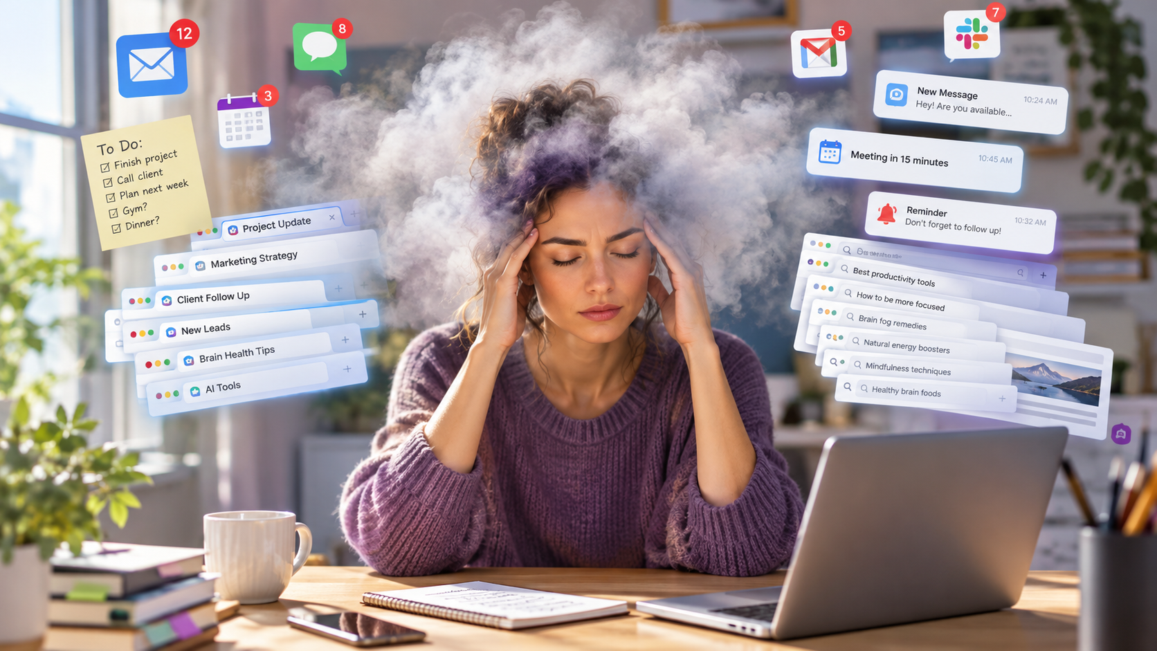 Person at a desk surrounded by notifications and open tabs, pausing to clear their mind