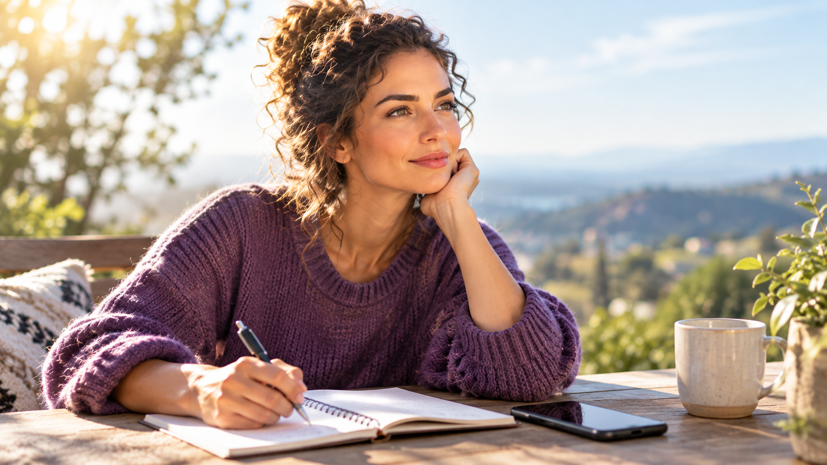 Woman journaling outdoors in morning light with her phone face down beside her, looking calm and clear-headed